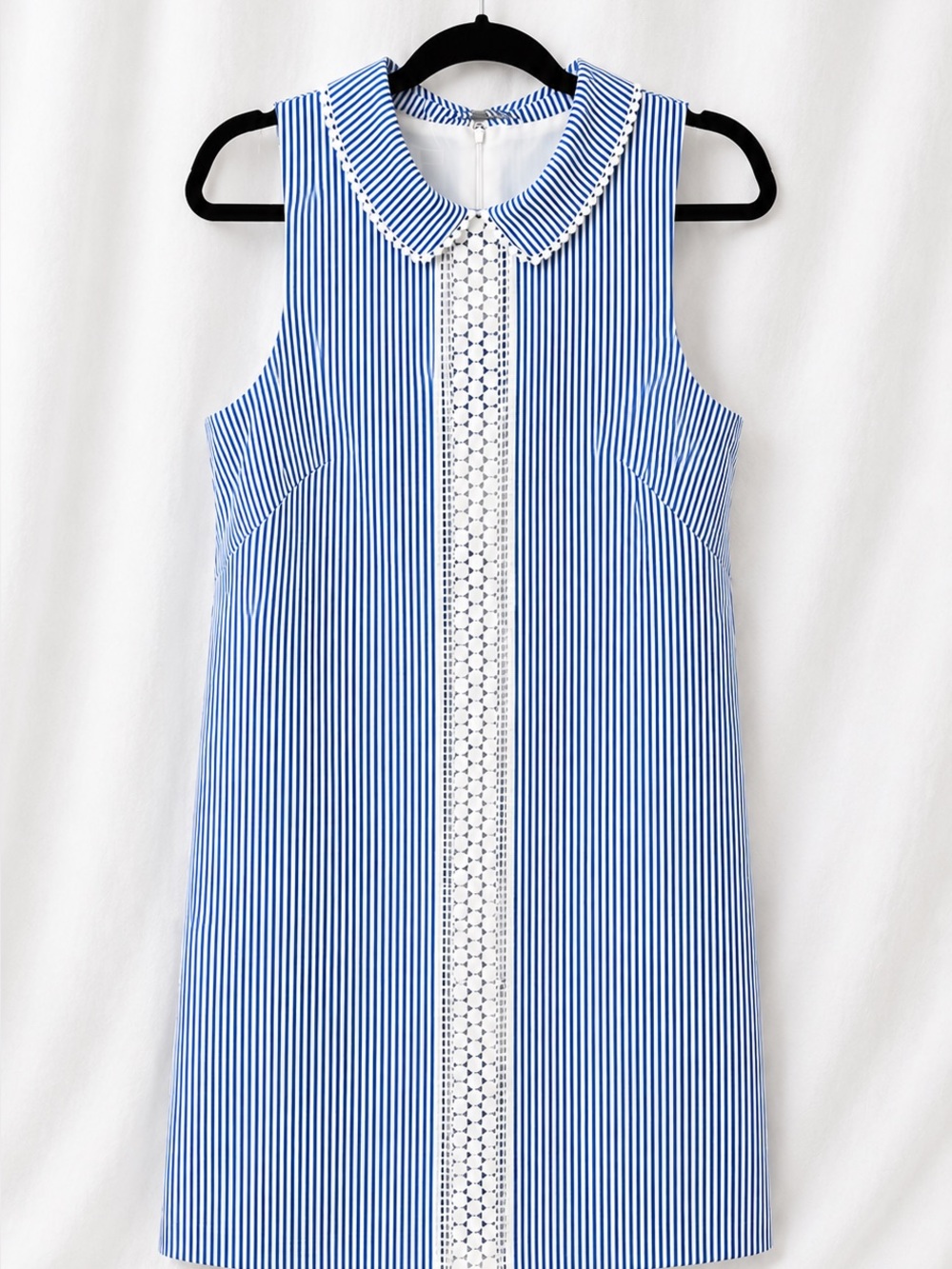 London Times Blue White Striped Seersucker Dress Size 14 Crochet Collar